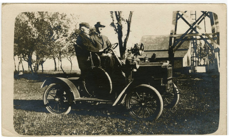 Rudolph Volk and Martin Klein in an old automobile, east of St. Peter, Minnesota, 1907?. Nicollet County Historical Society, Minnesota Digital Library